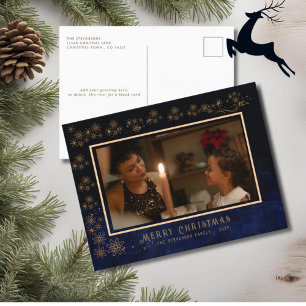 Elegant Navy Blue Gold Pattern Photo  Holiday Postcard