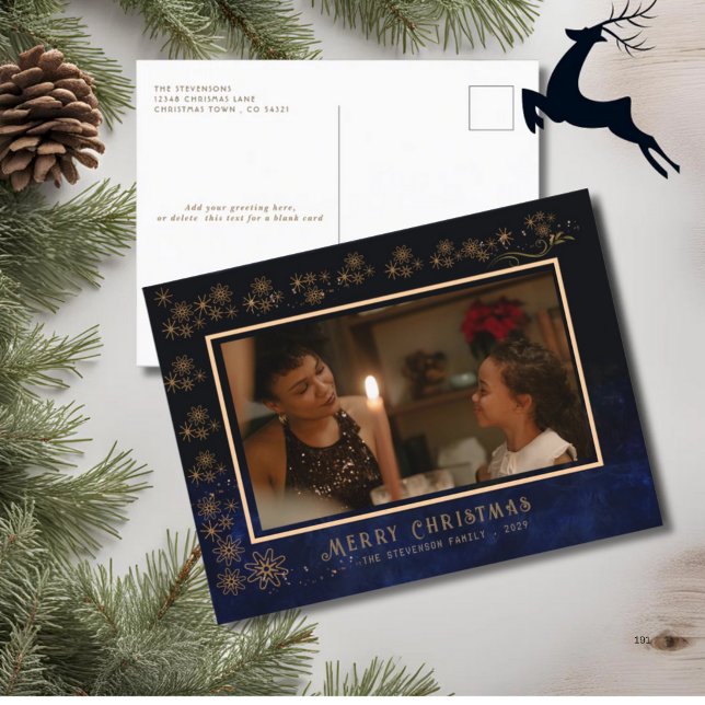 Elegant Navy Blue Gold Pattern Photo  Holiday Postcard (Elegant Navy Blue Gold Pattern Photo Holiday Postcard)