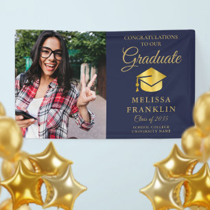 Elegant Navy Blue Gold Photo Graduation Banner