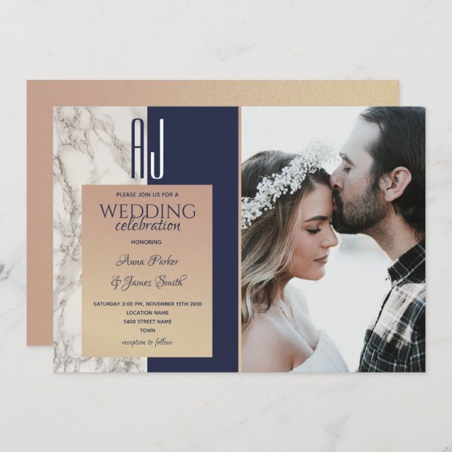 Elegant Navy Blue Gold Photo Wedding Invitation (Front/Back)