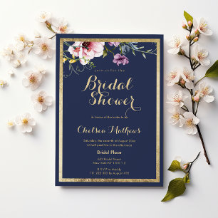 Elegant navy blue gold pink floral Bridal Shower Invitation