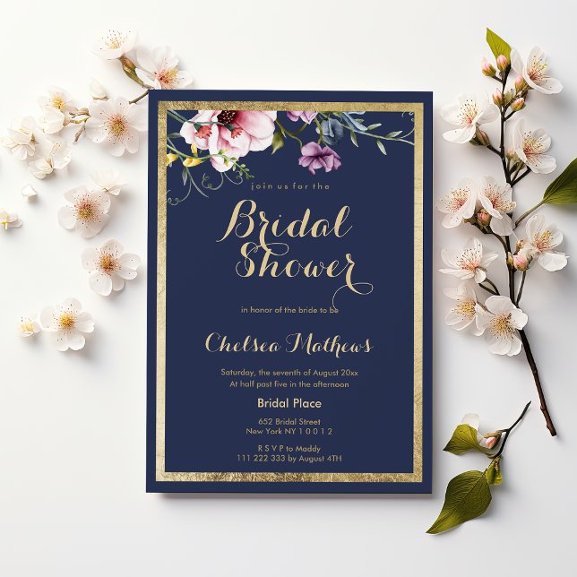 Elegant navy blue gold pink floral Bridal Shower Invitation (Elegant navy blue gold pink floral Bridal Shower)