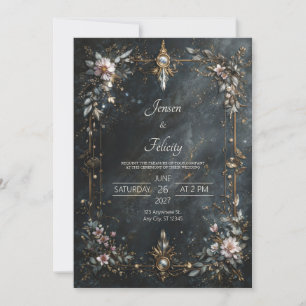 Elegant Navy Blue Gold Pink Floral Night Wedding Invitation