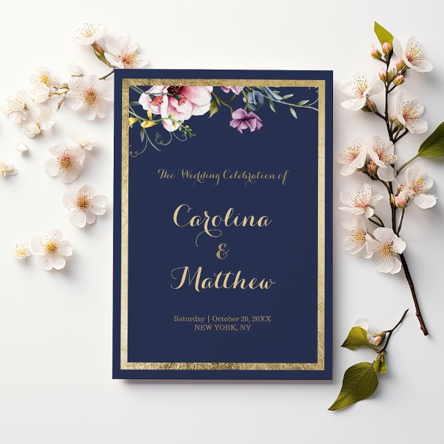 Elegant navy blue gold pink floral Program Programme (Elegant navy blue gold pink floral Program )