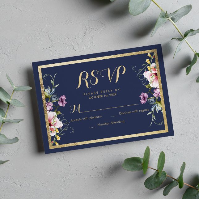 Elegant navy blue gold pink floral RSVP (Elegant navy blue gold pink floral RSVP)