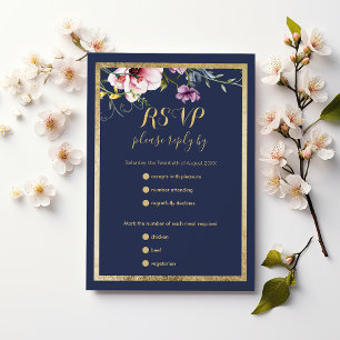 Elegant navy blue gold pink floral wedding RSVP Card