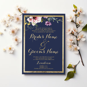 Elegant navy blue gold pink mint floral Wedding Invitation