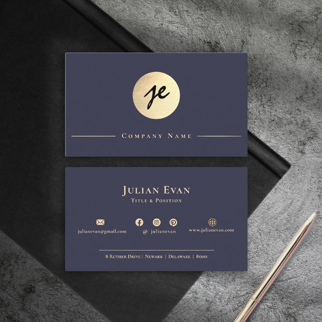 Elegant Navy Blue Gold Professional Shiny Monogram Business Card (Creator Uploaded)