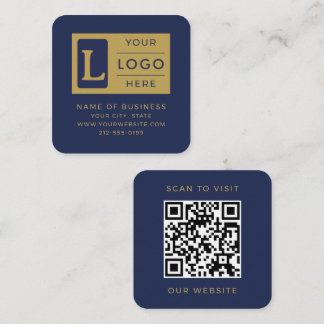 Elegant Navy Blue Gold QR Code Custom Logo Square Business Card