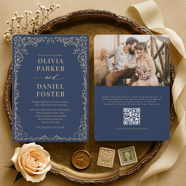 Elegant Navy Blue Gold QR Code Photo Wedding Invitation (Creator Uploaded)