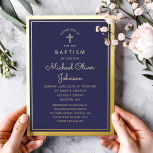 Elegant Navy Blue Gold Religious Cross Baptism 