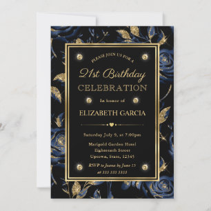 Elegant Navy Blue & Gold Rose Floral 21st Birthday Invitation