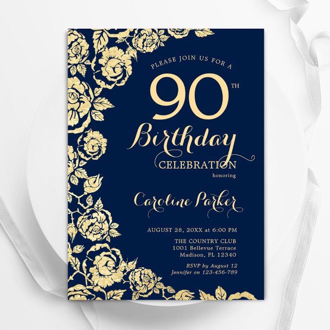 Elegant Navy Blue Gold Roses 90th Birthday Invitation (Creator Uploaded)