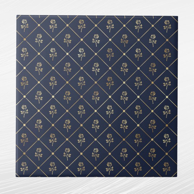 Elegant Navy Blue Gold Roses Tile (Creator Uploaded)