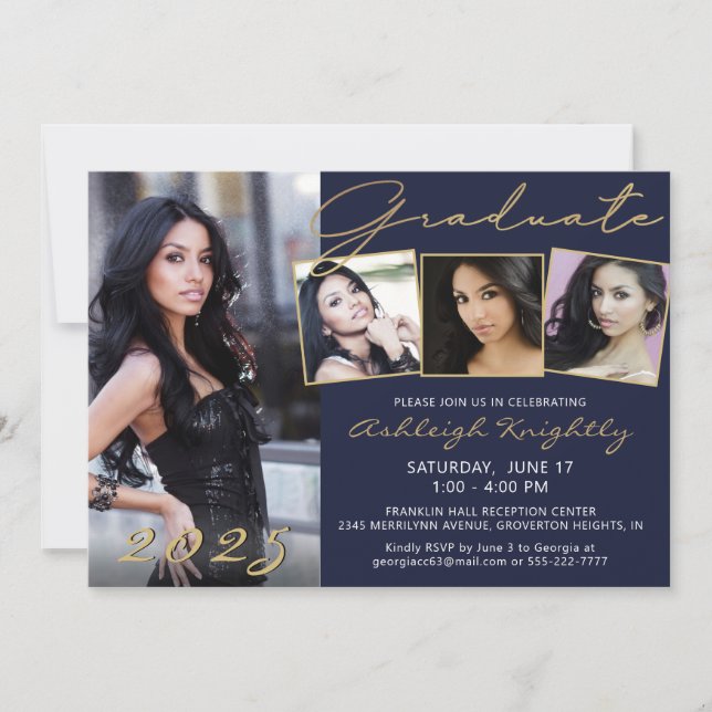 Elegant Navy Blue Gold Script 4 Photo Graduate Invitation (Front)