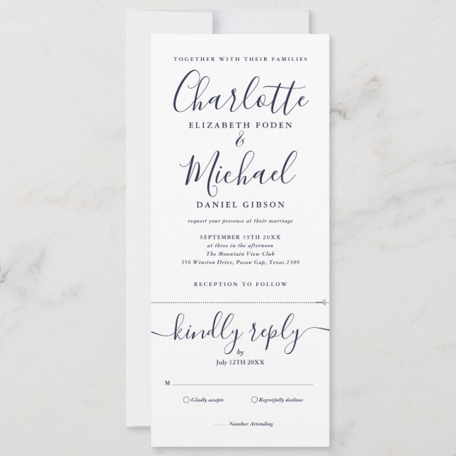 Elegant Navy Blue Gold Script All In One Wedding Invitation (Front)