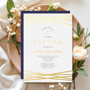 Elegant Navy Blue Gold Script Boy Baptism