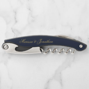 Elegant Navy Blue Gold Script Calligraphy Wedding Corkscrew