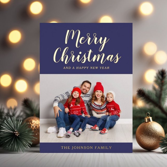 Elegant Navy Blue Gold Script Christmas Photo (Modern Navy Blue Script Christmas Photo Gold Foil Holiday Card)