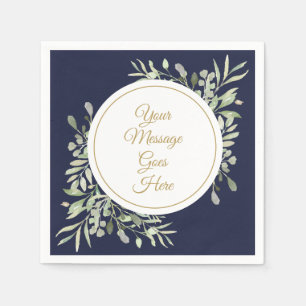 Elegant Navy Blue Gold Script Greenery Napkin