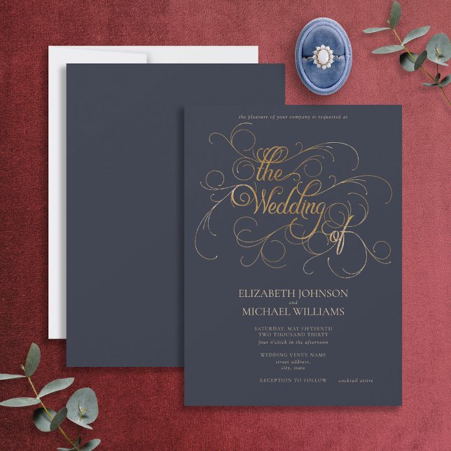 Elegant Navy Blue & Gold Script Wedding Invitation (Creator Uploaded)