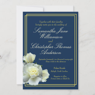 Elegant Navy Blue Gold Script White Rose Wedding Invitation