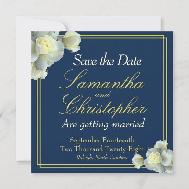 Elegant Navy Blue Gold Script White Rose Wedding Save The Date (Front)