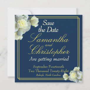Elegant Navy Blue Gold Script White Rose Wedding Save The Date