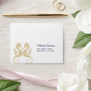 Elegant Navy Blue Gold Seahorses Wedding RSVP Envelope