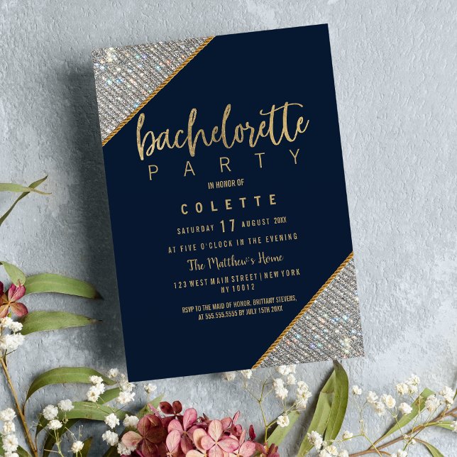 Elegant navy blue gold silver glitter Bachelorette Invitation (Elegant navy blue gold silver glitter Bachelorette Invitation)