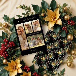 Elegant Navy Blue & Gold Simple 4 Multi Photos Holiday Card
