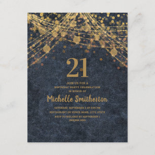 Elegant Navy Blue Gold String Lights 21st Birthday Invitation