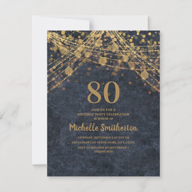 Elegant Navy Blue Gold String Lights 80th Invitation (Front)