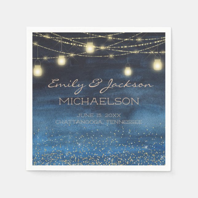 Elegant Navy Blue Gold String Lights Lanterns Napkin (Front)