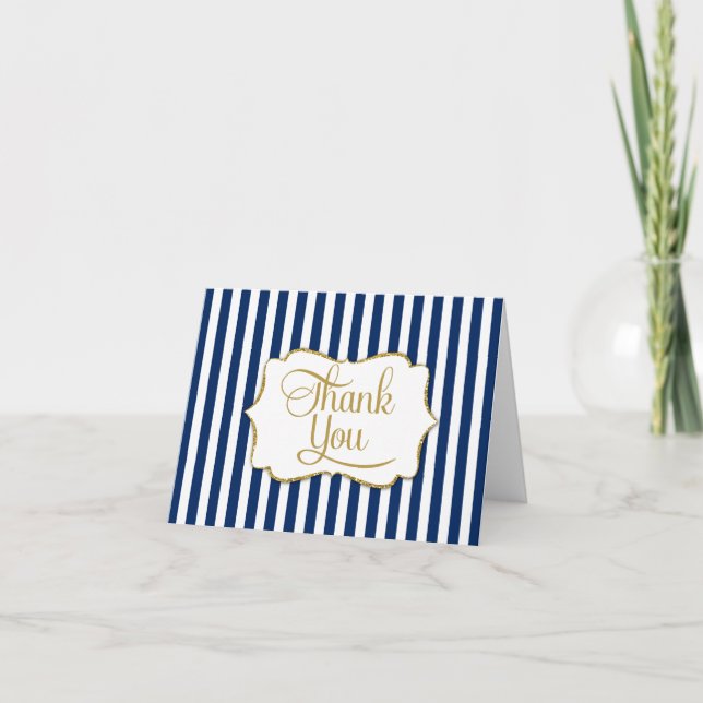 Elegant Navy Blue Gold Stripe Thank You Cards (Front)