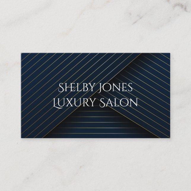 Elegant Navy Blue Gold Striped Luxury Salon Modern Business Card (Front)