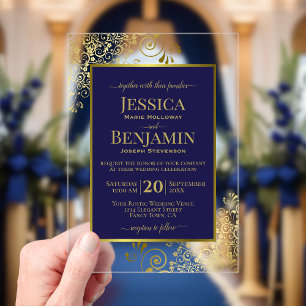 Elegant Navy Blue & Gold Stylish Text Posh Wedding Acrylic Invitations
