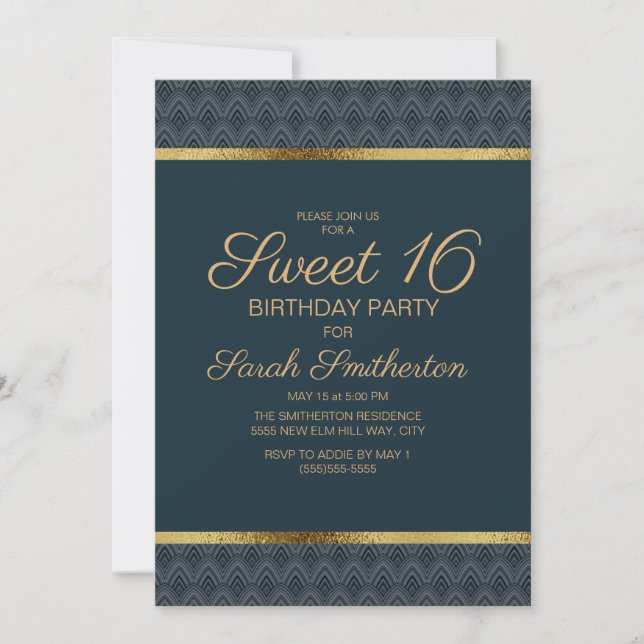 Elegant Navy Blue Gold Sweet 16 Birthday Party Invitation (Front)
