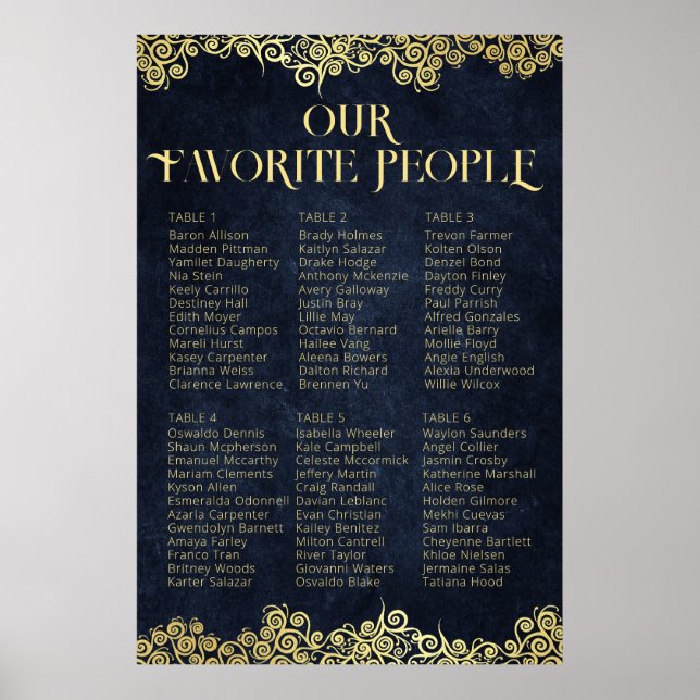 Elegant Navy Blue Gold Swirl Wedding Seating Chart (Front)