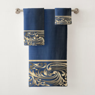 Elegant Navy Blue Gold Swirls Bath Towel Set