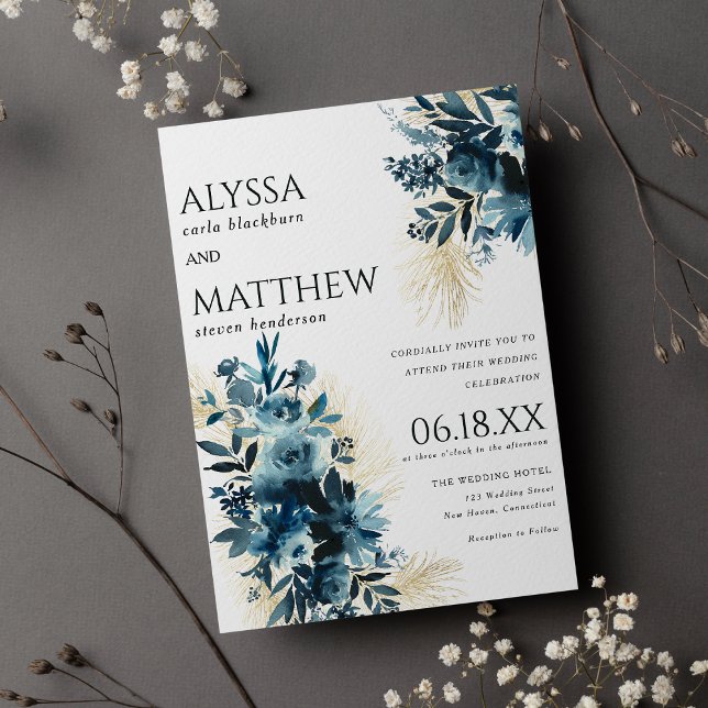 Elegant navy blue gold watercolor floral wedding  invitation (Elegant navy blue gold watercolor floral wedding invitation )