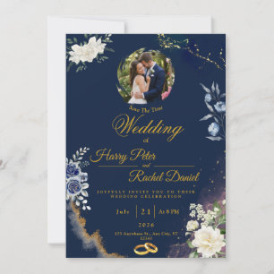 Elegant Navy Blue Gold Wedding Invitation