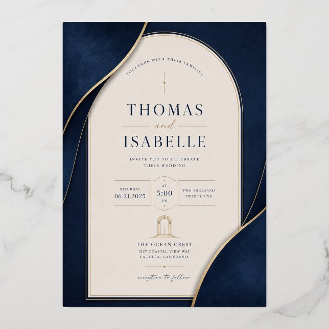 Elegant Navy Blue & Gold Wedding Invitation | Blue (Front)