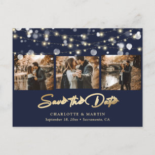 Elegant Navy Blue Gold Wedding Photo Save The Date Announcement Postcard