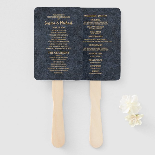 Elegant Navy Blue Gold Wedding Program Hand Fan (Front and Back)