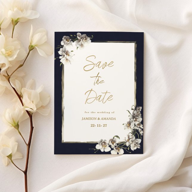 Elegant navy blue gold white orchid Save The Date Invitation (Elegant navy blue gold white orchid Save The Date )