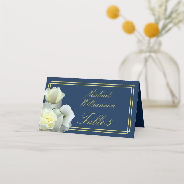Elegant Navy Blue Gold White Rose Double Frame Place Card (Front)