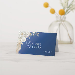 Elegant Navy Blue Gold White Rose Place Card