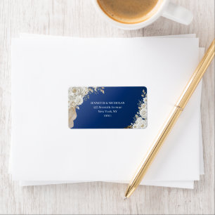 Elegant Navy Blue Gold White Rose Return Address  Label