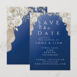 Elegant Navy Blue Gold White Rose Save the Date